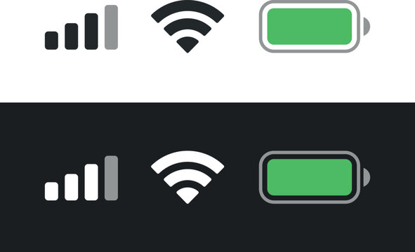 Set wifi icon isolated on white background for iphone. Phone bar status Icons for ios ui, battery drain in green, wifi signal strength. Vector for mobile phone. Vector illustration
