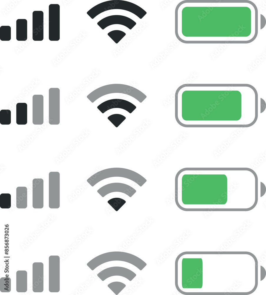 Poster set wifi icon isolated on white background for iphone. phone bar status icons for ios ui, battery dr