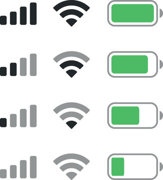 Set wifi icon isolated on white background for iphone. Phone bar status Icons for ios ui, battery drain in green, wifi signal strength. Vector for mobile phone. Vector illustration