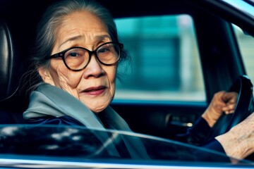 Confidant senior woman thrilled to be sitting in the drivers seat of her car with one hand on the steering wheel. Senior woman thrilled to be sitting in the drivers seat of her car.