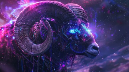 A mystical, digital artwork of a glowing, cosmic ram with vibrant purple and blue hues set against a starry background.
