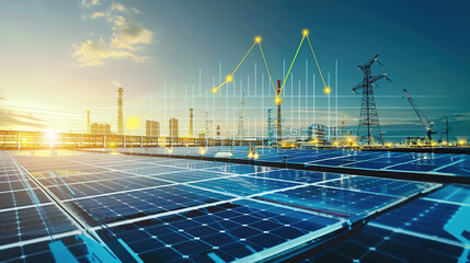 The digital computer display showed a grid of blue digital lines and green icons on it. In the background was an electric power station surrounded by solar panels