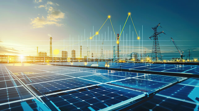 The digital computer display showed a grid of blue digital lines and green icons on it. In the background was an electric power station surrounded by solar panels - Powered by Adobe