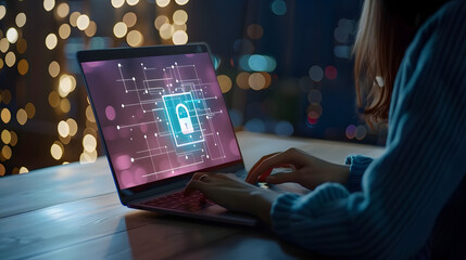 Woman working on a laptop with a digital lock interface overlay, focusing on cybersecurity measures in a modern setting.
