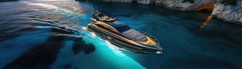 Luxurious yacht navigating serene blue waters near rocky cliffs, bathed in warm sunset light, creating a picturesque and serene scene.