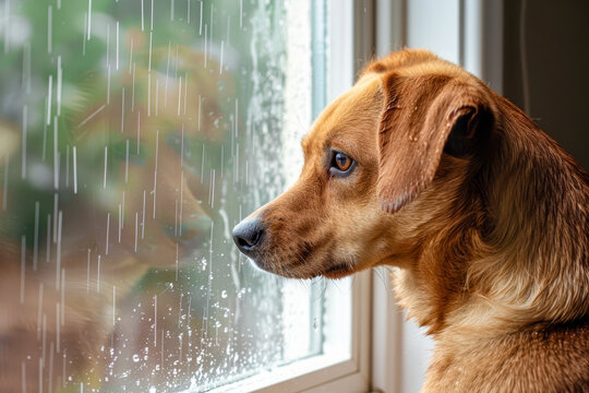Dog in a room watching the rain through the window