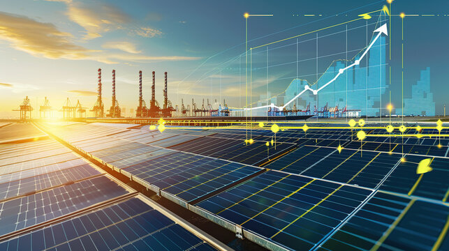 The digital computer display showed a grid of blue digital lines and green icons on it. In the background was an electric power station surrounded by solar panels