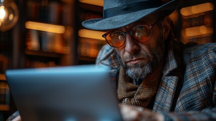 Stylish man in a plaid suit works on a laptop in a warm, ambient library setting, suggesting productivity