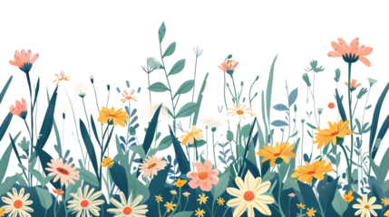 Meadow field cartoon flowers on transparent