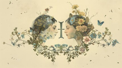 Artistic depiction of two faces surrounded by flowers and plants, showcasing nature and human connection in a dreamlike style.