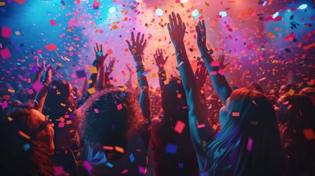 A vibrant party scene with people dancing and celebrating under colorful confetti and lights, capturing the energy and joy of the moment.