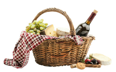 Wicker basket with tasty food for picnic and wine on transparent background
