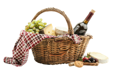 Wicker basket with tasty food for picnic and wine on transparent background