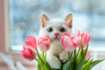 Adorable white kitten gives a bouquet of fresh pink tulip flowers