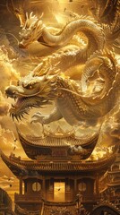 Fototapeta premium A gold dragon is flying over a building with a gold roof. The dragon is large and has a menacing look. The building is a temple with gold accents, giving the scene a sense of grandeur and mystery