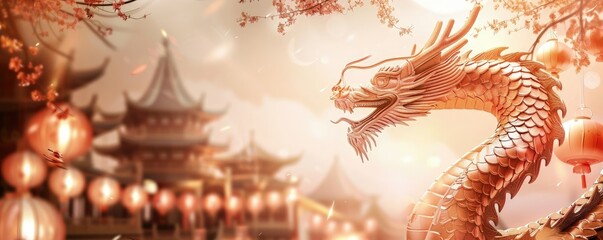 Fototapeta premium A large dragon is depicted in a painting of a city with lanterns and buildings. The dragon is surrounded by a lot of detail, including its scales and the lanterns