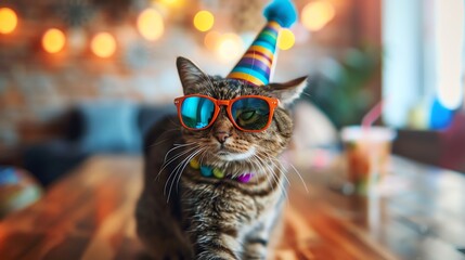 A cat wearing sunglasses and a party hat is sitting on a wooden table.