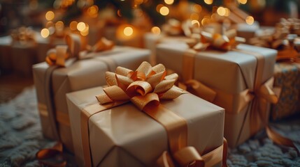 Elegant gift boxes with golden ribbons under a Christmas tree with warm festive lights in the background.