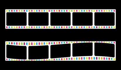 White 35mm film reel vector design with 5 frames on black background. Blank filmstrip symbol illustration to use for photography, television, cinema, travel, photo frame. 