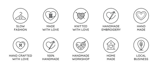 Vector set of logo design templates in simple linear style - handmade fashion and crafts badges - emblems handmade embroidery, made with love, handmade workshop