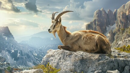 Obraz premium Magnificent mountain goat resting on rocky terrain with breathtaking mountain landscape in the background under a dramatic sky.