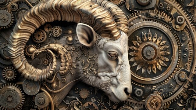Intricate steampunk ram sculpture with golden gears and cogs, blending nature and technology in stunning detail.