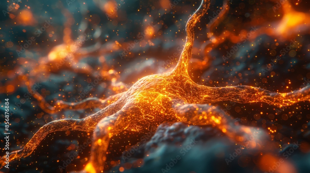 Poster a detailed visualization of a neural network with glowing connections and particles