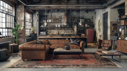 3D render of a loft-style living room, industrial elements, classic leather sofa, exposed ductwork, raw texture and detail