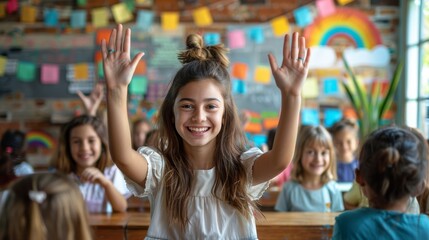 Fototapeta premium A cheerful young girl raises her hands in a classroom with other children and decorations