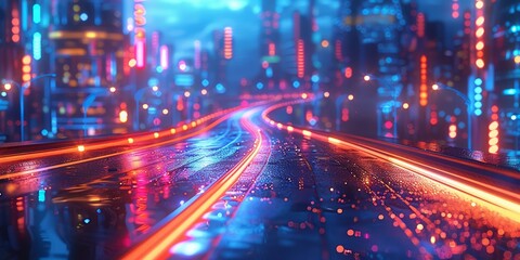 Fototapeta premium Neon-lit Futuristic Cityscape with Wet Roads at Night