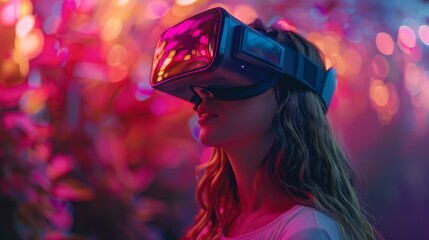 A woman experiencing virtual reality immersed in bright neon light environments