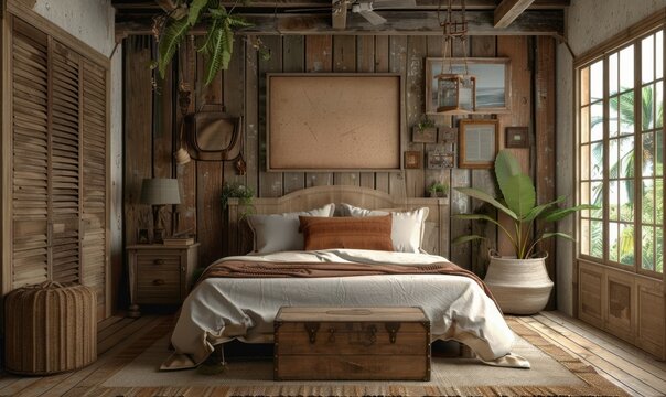 Rustic bedroom with an empty storage box