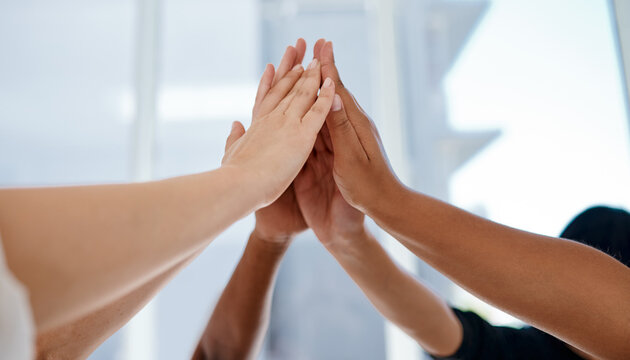 Hands, high five and diversity with teamwork and together in office for support and connection. Businesspeople, success and partnership in international company for startup, project and collaboration