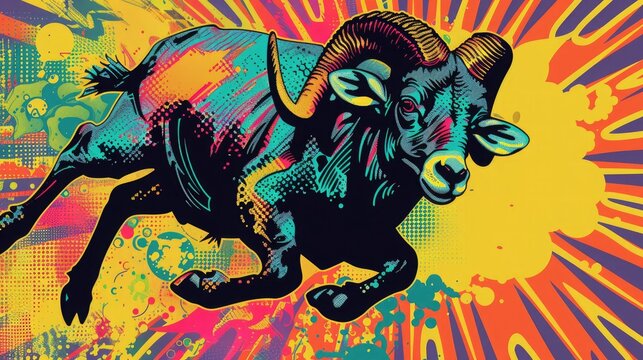 Vibrant pop art of a ram with colorful, dynamic background, blending modern and retro styles. Perfect for contemporary or abstract themes.