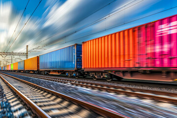 Naklejka premium Highspeed freight train with vibrant intermodal containers