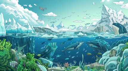 Illustration of marine and arctic habitat life with orca whales