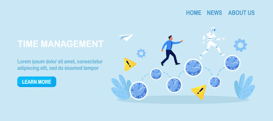 Artificial intelligence vs human. Business competition. Business people and robot running race over the clock. Business future automation. Robotic machine and employees. AI robot work efficiency