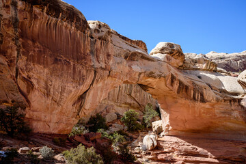 Breathtaking view of the natural sandstone Hickman Bridge in Capitol Reef National Park, Utah. The impressive rock arch is surrounded by rugged terrain and bathed in sunlight - USA