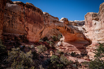 Beautiful Utah landscape featuring the natural sandstone arch of famous Hickman Bridge located in Capitol Reef National Park. Majestic rock formations set against a vibrant blue sky - Utah