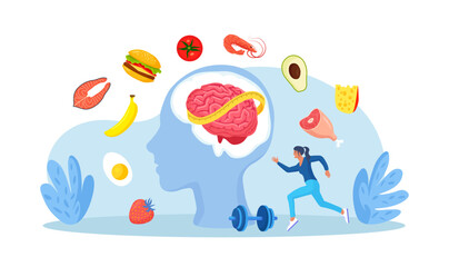 Eating disorders as psychological illness. Excessive weight control, food limitation. Woman worrying about her appearance, doing exercise. Addiction to slimming, dieting and mental guilty feeling