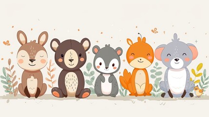 A heartwarming illustration capturing a series of cartoon animals like a bear and fox sitting together