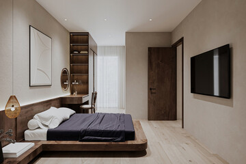 3D render. The modern bedroom interior features a wooden bed and minimal decor