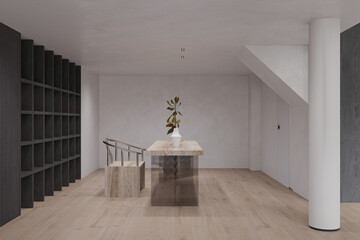 Elegant modern minimalist working space design, gray cupboard along one wall, and a gray floor