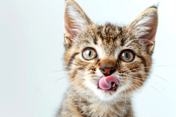 Fototapeta premium Lovely brown gray tabby Kitty Licking screen on Isolated