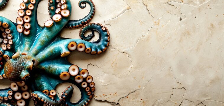 A large blue octopus with orange spots is on a white background