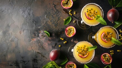 Top view of martini cocktails with passion fruit