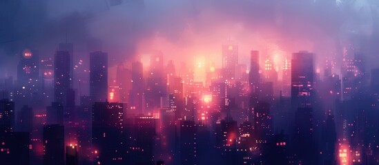 Fototapeta premium Futuristic Cityscape at Dusk with Neon Lights and Skyscrapers in a Misty Atmosphere
