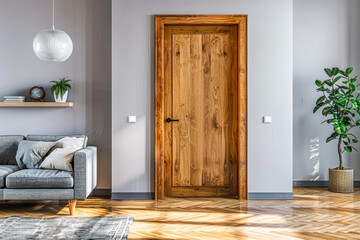 Open modern wooden door to living room