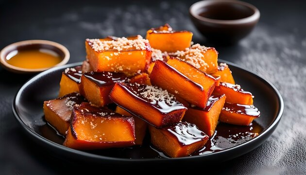Candied Sweet Potato, Daigaku Imo, traditional Japanese food deep fried sweet potato coated with sweet syrup on the black plate. Fried sweet potato with honey
