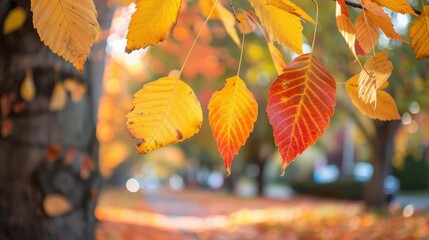 Autumn colorful bright leaves swinging in a tree in autumnal park